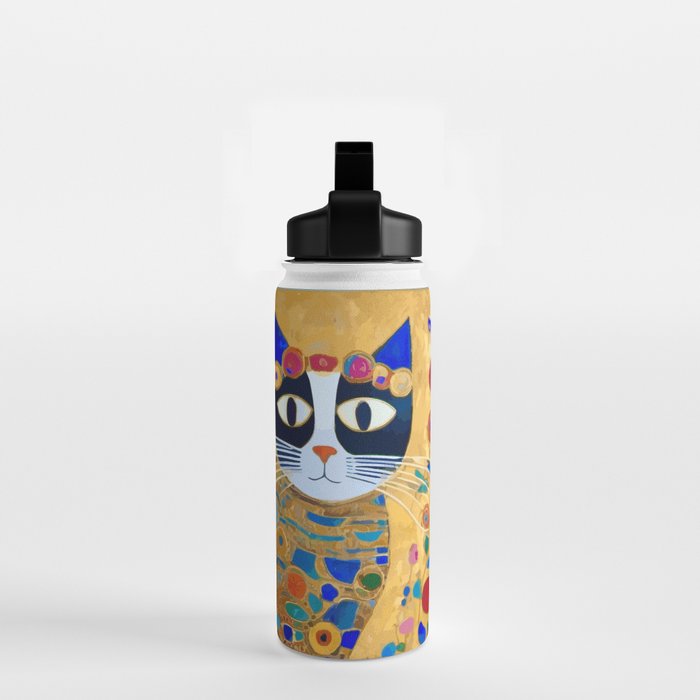 Klimt Cat with Colorful Red and Blue Flowers Water Bottle Gallery Image 2