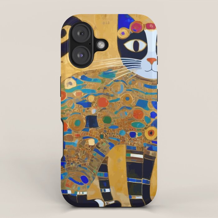 Klimt Cat with Colorful Red and Blue Flowers iPhone Case Gallery Image 1