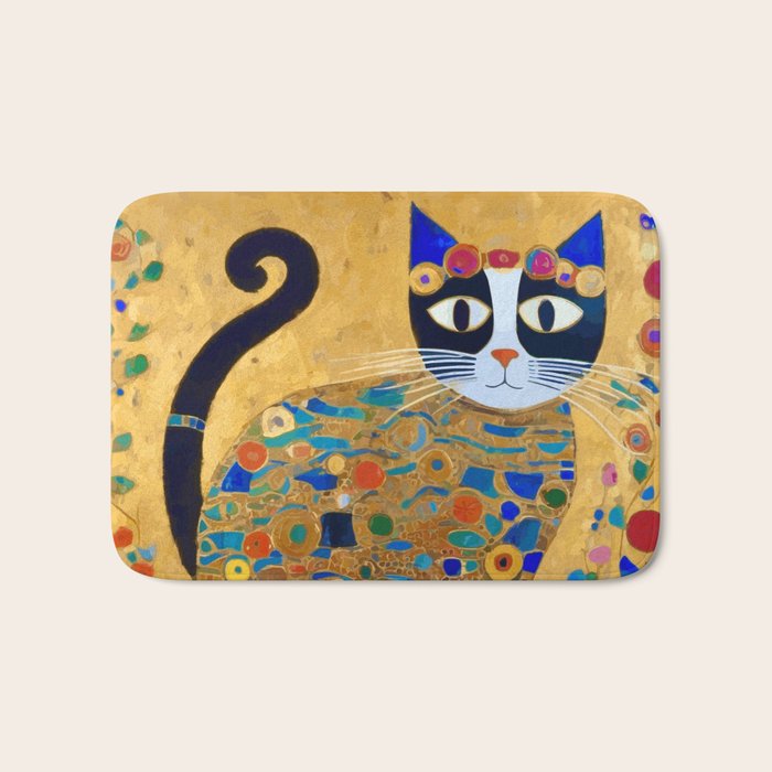 Klimt Cat with Colorful Red and Blue Flowers Bath Mat Gallery Image 1