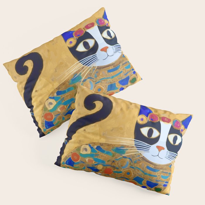 Klimt Cat with Colorful Red and Blue Flowers Pillow Sham Gallery Image 1