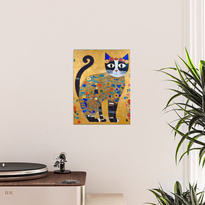 Klimt Cat with Colorful Red and Blue Flowers Poster Gallery Image 2