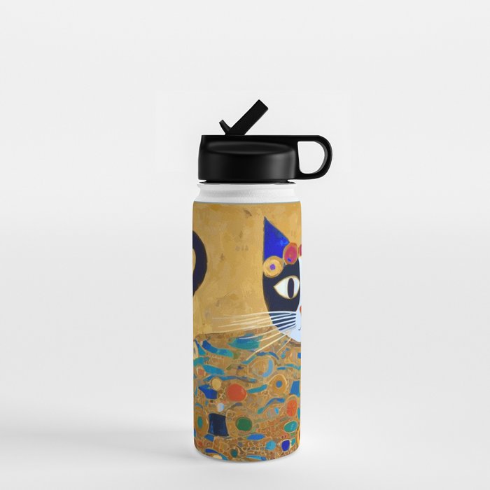 Klimt Cat with Colorful Red and Blue Flowers Water Bottle Gallery Image 1