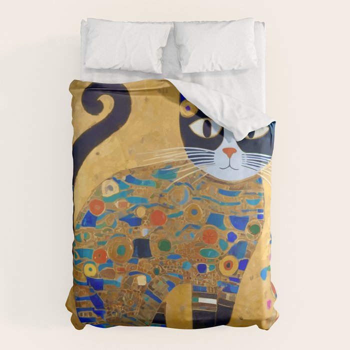 Klimt Cat with Colorful Red and Blue Flowers Duvet Cover Gallery Image 1