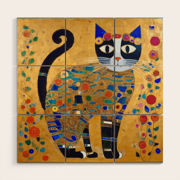Klimt Cat with Colorful Red and Blue Flowers Wood Wall Art Gallery Image 1