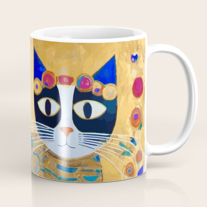 Klimt Cat with Colorful Red and Blue Flowers Coffee Mug Gallery Image 1