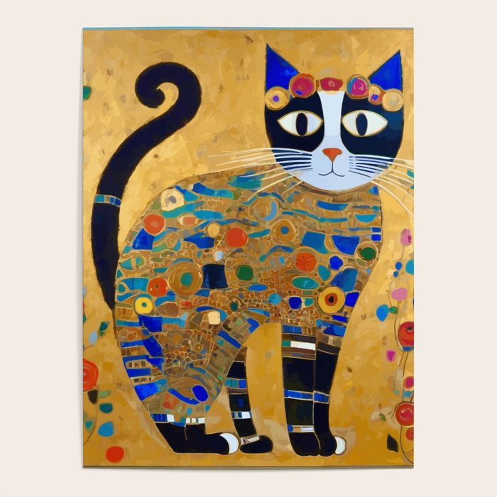 Klimt Cat with Colorful Red and Blue Flowers Poster Gallery Image 4