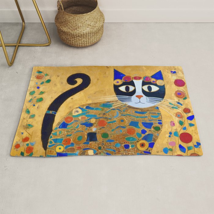 Klimt Cat with Colorful Red and Blue Flowers Rug Gallery Image 1