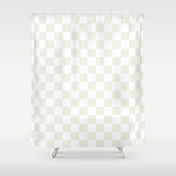 Checkerboard Check Pattern in Pale Light Neutral Beige on White Shower Curtain Gallery Image 1