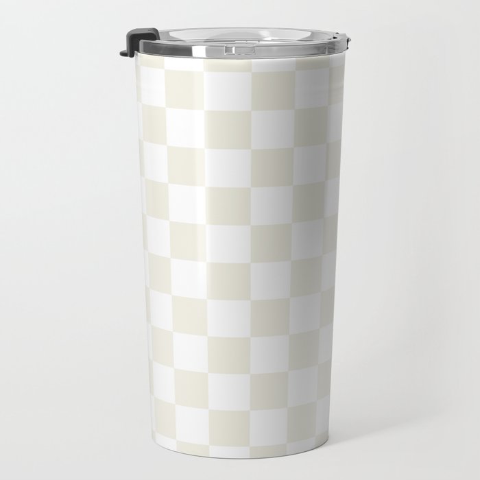 Checkerboard Check Pattern in Pale Light Neutral Beige on White Travel Mug Gallery Image 3
