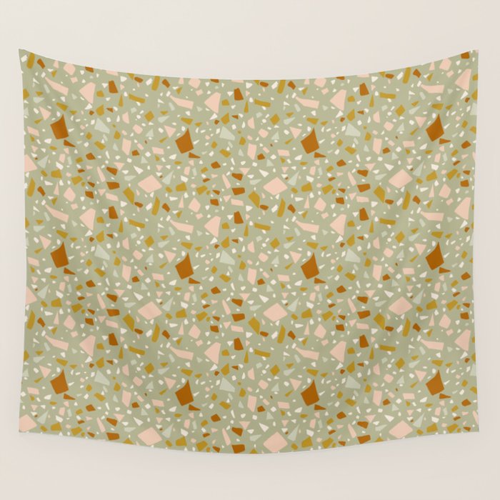 Mediterranean Terrazzo Mosaic Sage Peach Gold  Wall Tapestry Gallery Image 1