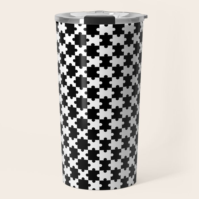 Black and white puzzle piece shape pattern Travel Mug Gallery Image 1