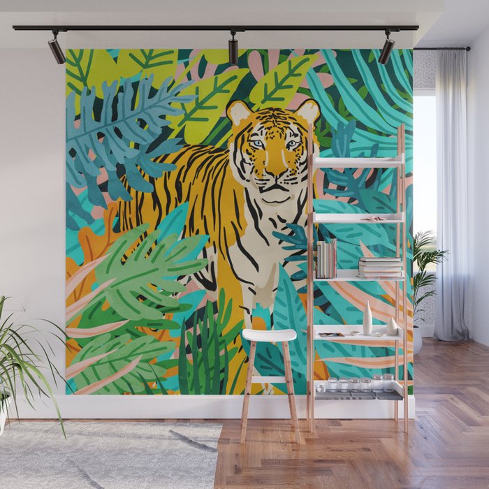 Only 3890 Tigers Left, Wildlife Vibrant Tiger Painting, Jungle Nature Colorful Illustration Wall Mural Gallery Image 1