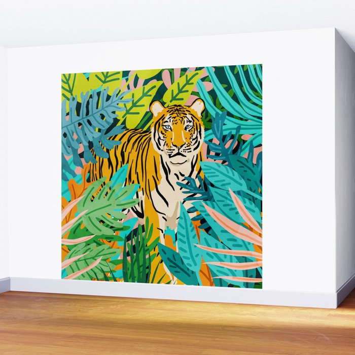 Only 3890 Tigers Left, Wildlife Vibrant Tiger Painting, Jungle Nature Colorful Illustration Wall Mural Gallery Image 2