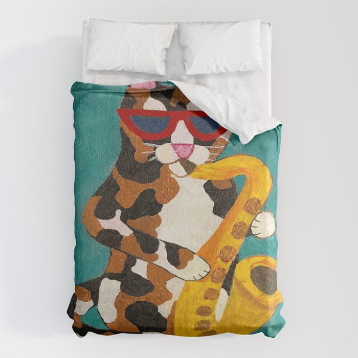 Calico Cat Saxophone Player Duvet Cover Gallery Image 1