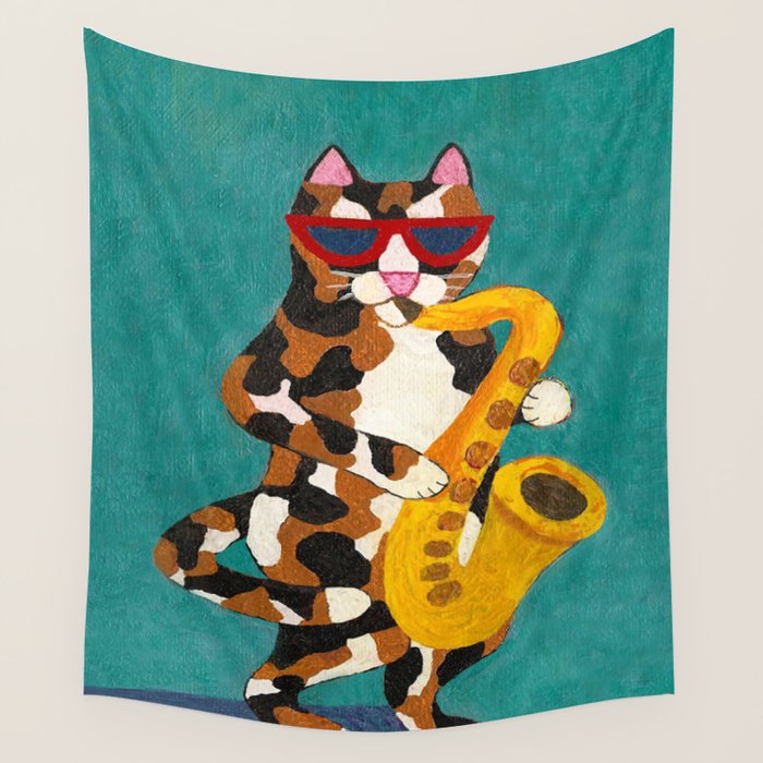 Calico Cat Saxophone Player Wall Tapestry Gallery Image 1
