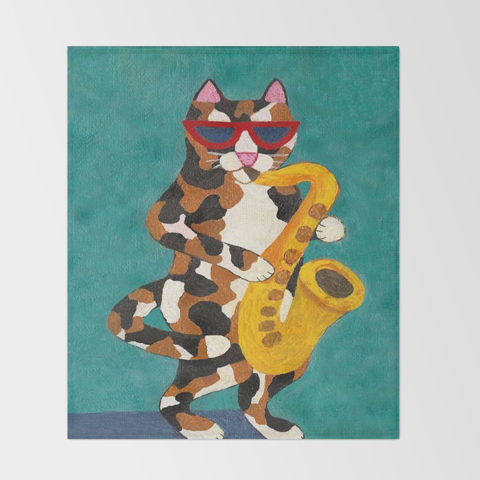Calico Cat Saxophone Player Throw Blanket Gallery Image 2