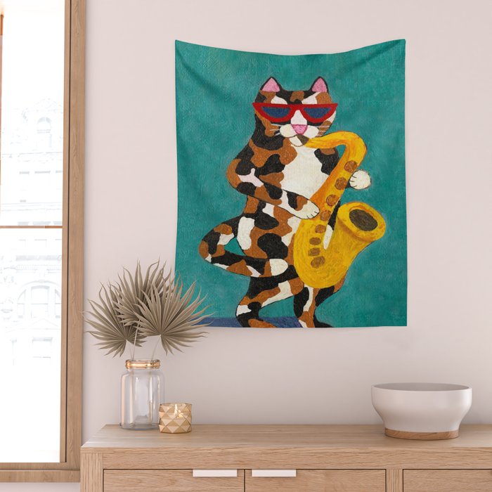 Calico Cat Saxophone Player Wall Tapestry Gallery Image 2