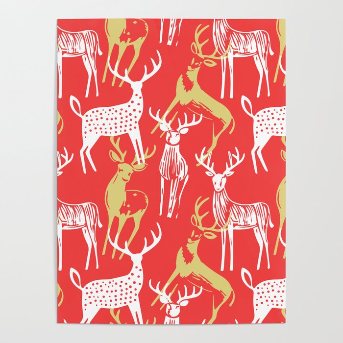Red christmas reindeer animal pattern Poster Gallery Image 1