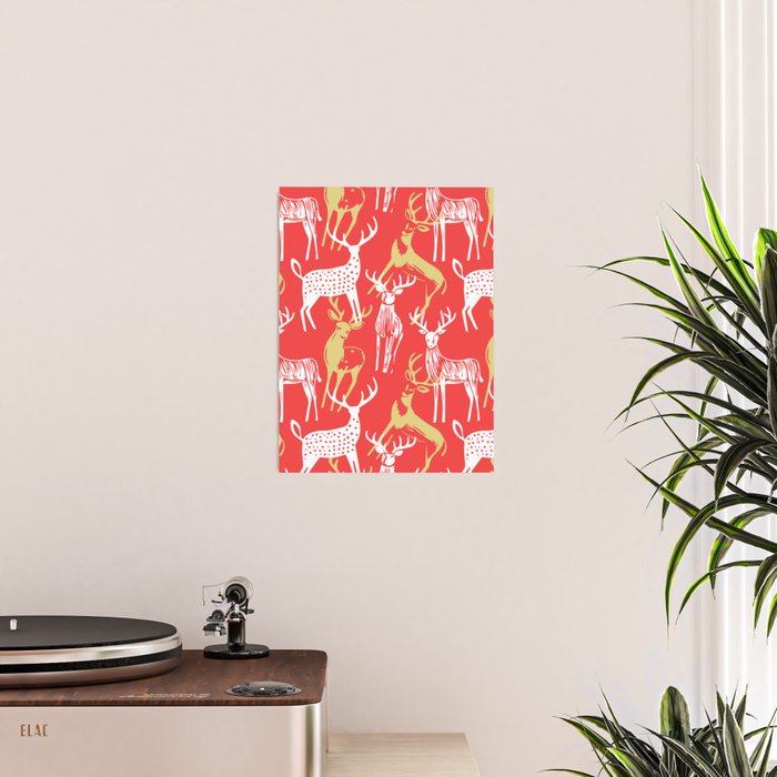 Red christmas reindeer animal pattern Poster Gallery Image 2