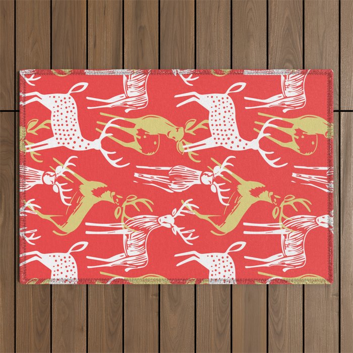 Red christmas reindeer animal pattern Outdoor Rug Gallery Image 1