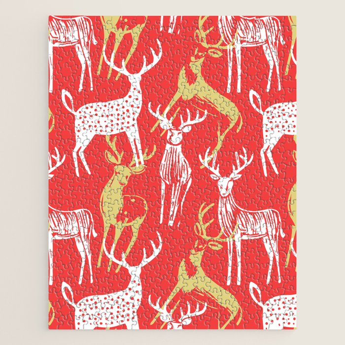 Red christmas reindeer animal pattern Jigsaw Puzzle Gallery Image 1
