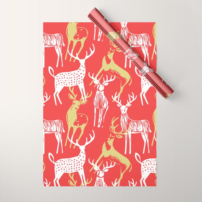 Red christmas reindeer animal pattern Wrapping Paper Gallery Image 1