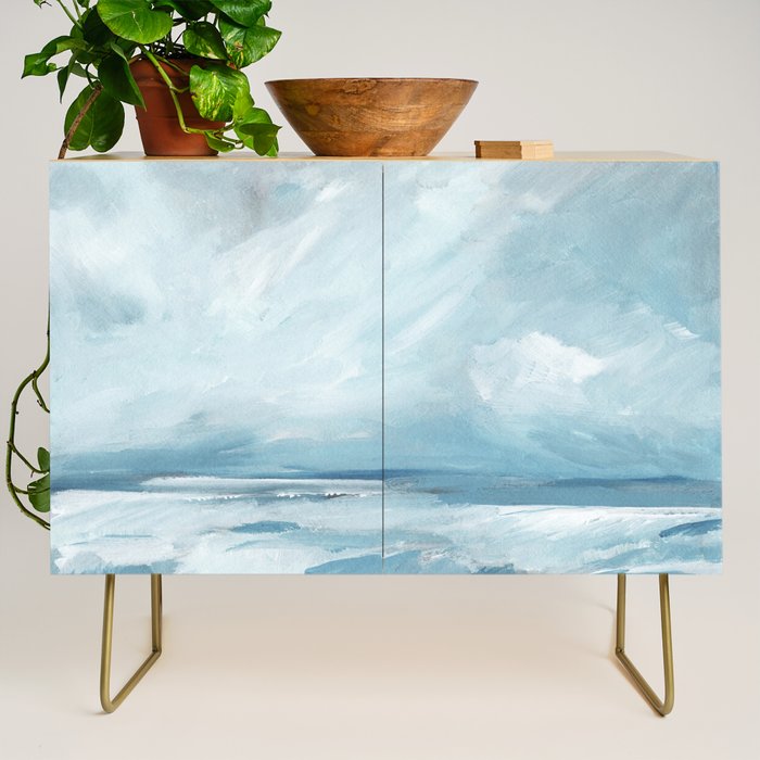 Muted Blue Ocean Seascape Painting Credenza Gallery Image 1