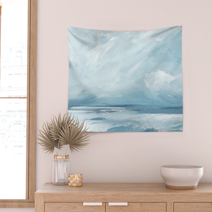 Muted Blue Ocean Seascape Painting Wall Tapestry Gallery Image 2