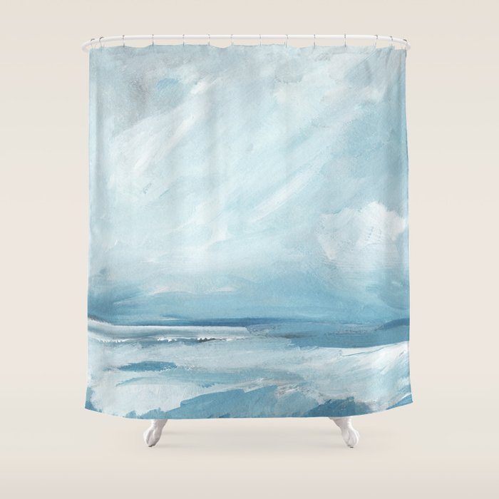 Muted Blue Ocean Seascape Painting Shower Curtain Gallery Image 1