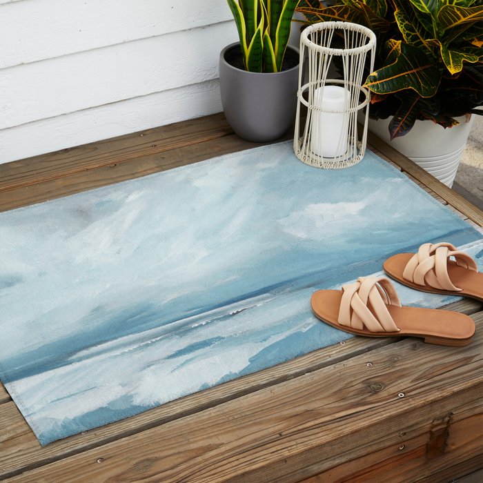 Muted Blue Ocean Seascape Painting Outdoor Rug Gallery Image 2