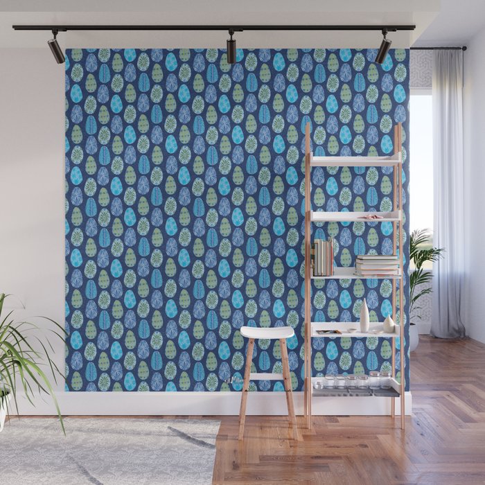 Colorful Folk Art Easter Eggs in Teal & Navy Blue Wall Mural Gallery Image 1