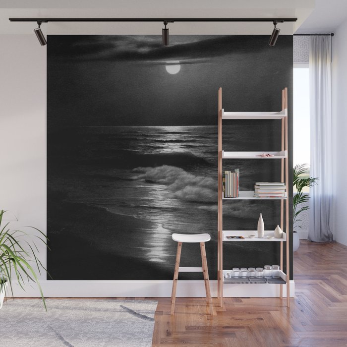 The summer sea moonlit coastal beach and waves with full moon black and white seascape photograph / photography by Rudolf Eickemeyer Jr. Wall Mural Gallery Image 1
