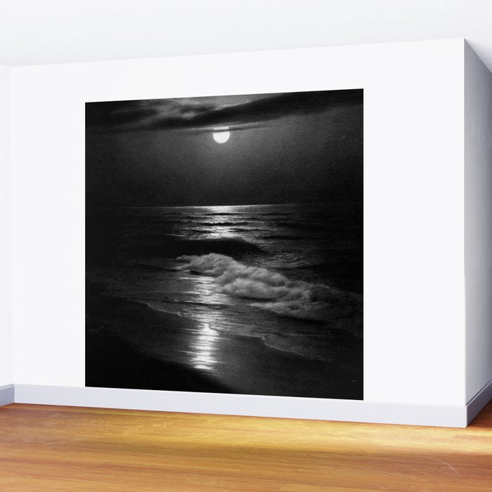 The summer sea moonlit coastal beach and waves with full moon black and white seascape photograph / photography by Rudolf Eickemeyer Jr. Wall Mural Gallery Image 2