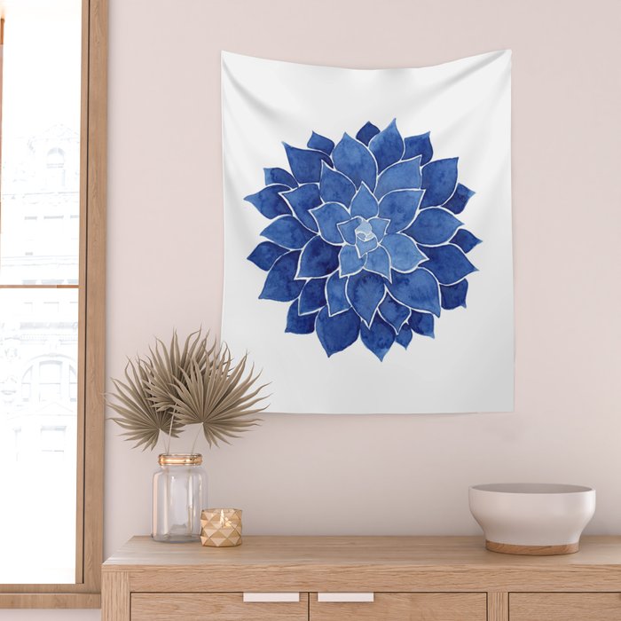 Indigo Succulent |  Watercolor Painting Wall Tapestry Gallery Image 2