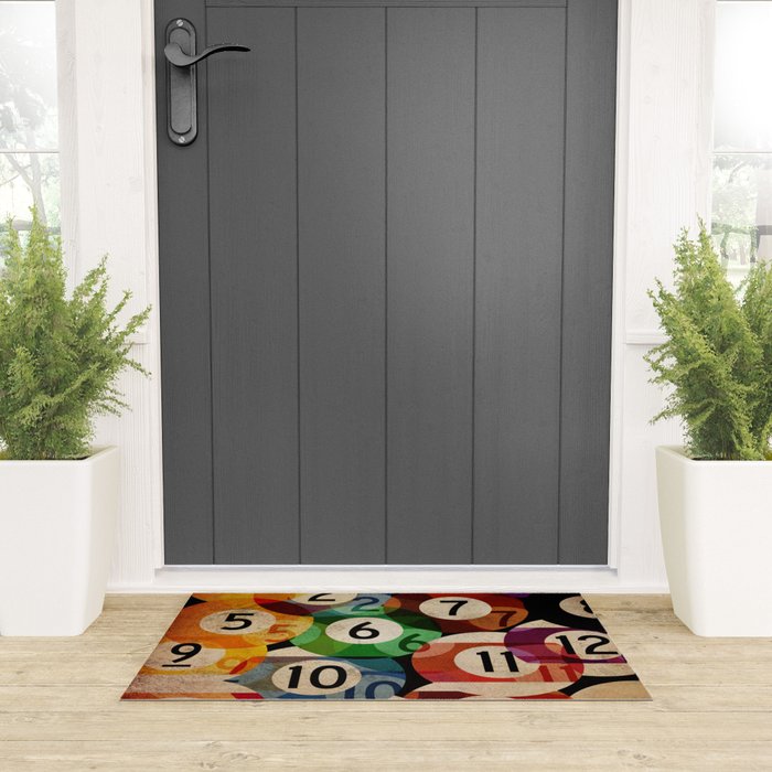 billiards balls ball pool table game room man cave eight ball colorful rainbow art Welcome Mat Gallery Image 3