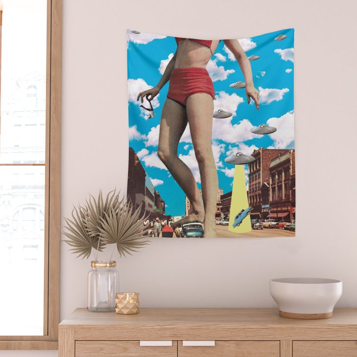 She's arrived (Giant woman & UFO) Wall Tapestry Gallery Image 2