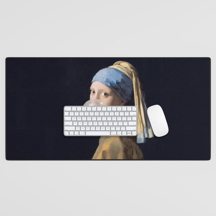 Girl with pearl earring blowing bubble gum Desk Mat Gallery Image 1