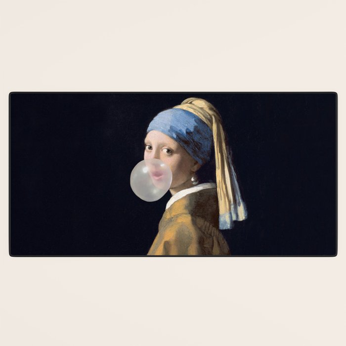 Girl with pearl earring blowing bubble gum Desk Mat Gallery Image 3
