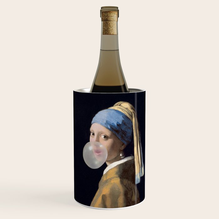 Girl with pearl earring blowing bubble gum Wine Chiller Gallery Image 1