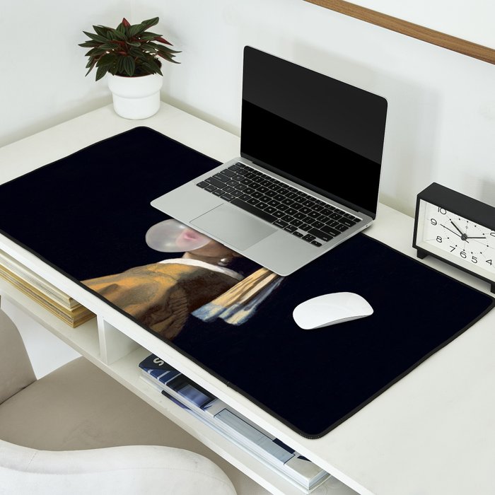 Girl with pearl earring blowing bubble gum Desk Mat Gallery Image 2