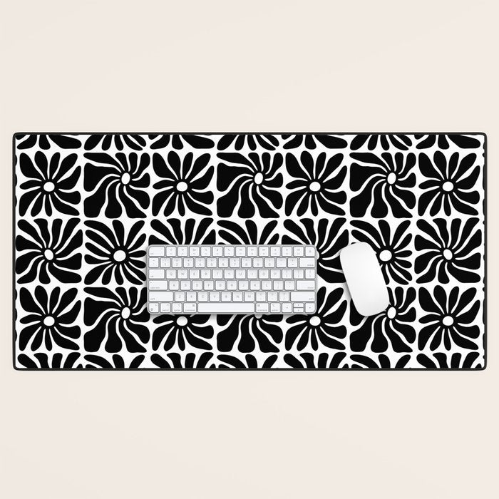 Black and white retro flower art pattern Desk Mat Gallery Image 1