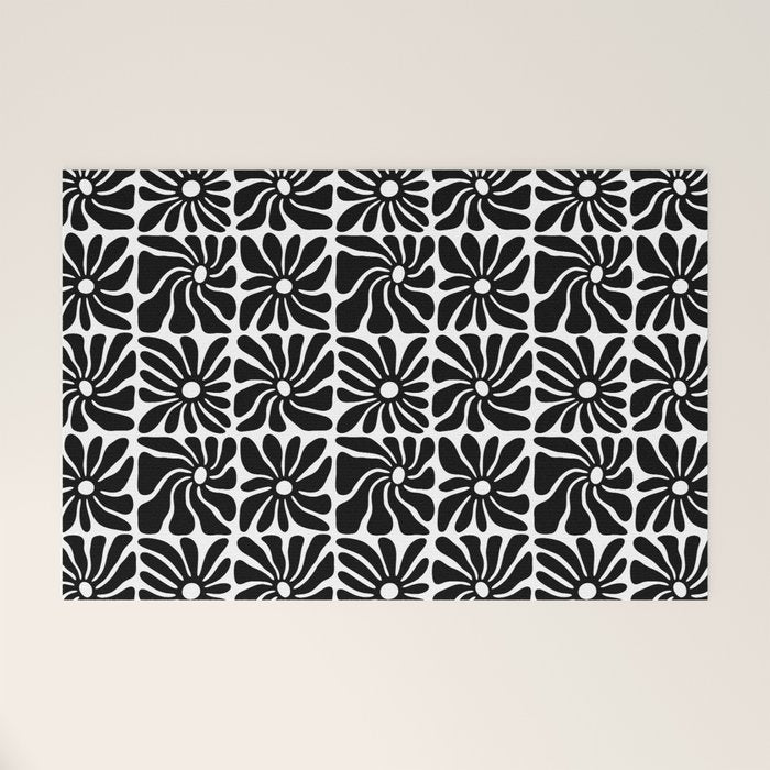 Black and white retro flower art pattern Welcome Mat Gallery Image 1