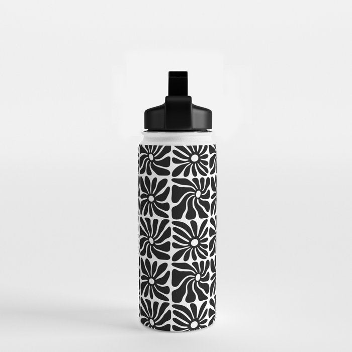 Black and white retro flower art pattern Water Bottle Gallery Image 2