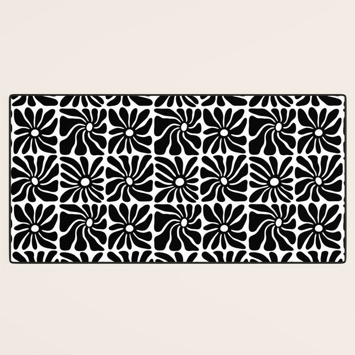 Black and white retro flower art pattern Desk Mat Gallery Image 3