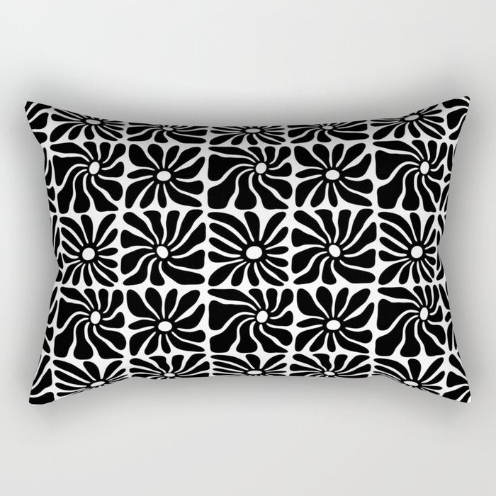 Black and white retro flower art pattern Rectangular Pillow Gallery Image 2