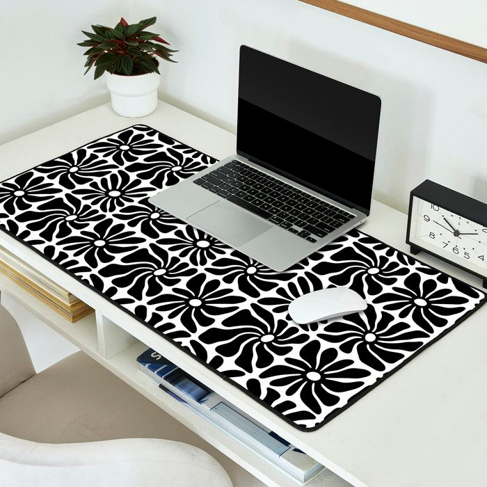 Black and white retro flower art pattern Desk Mat Gallery Image 2