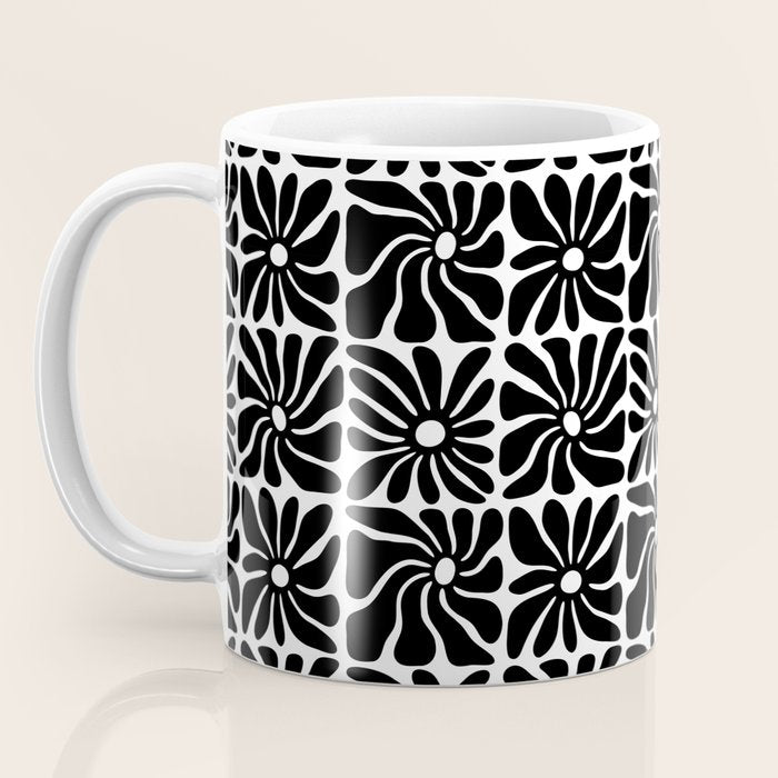 Black and white retro flower art pattern Coffee Mug Gallery Image 3