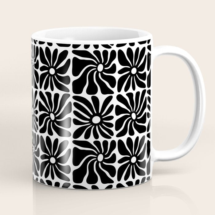 Black and white retro flower art pattern Coffee Mug Gallery Image 1