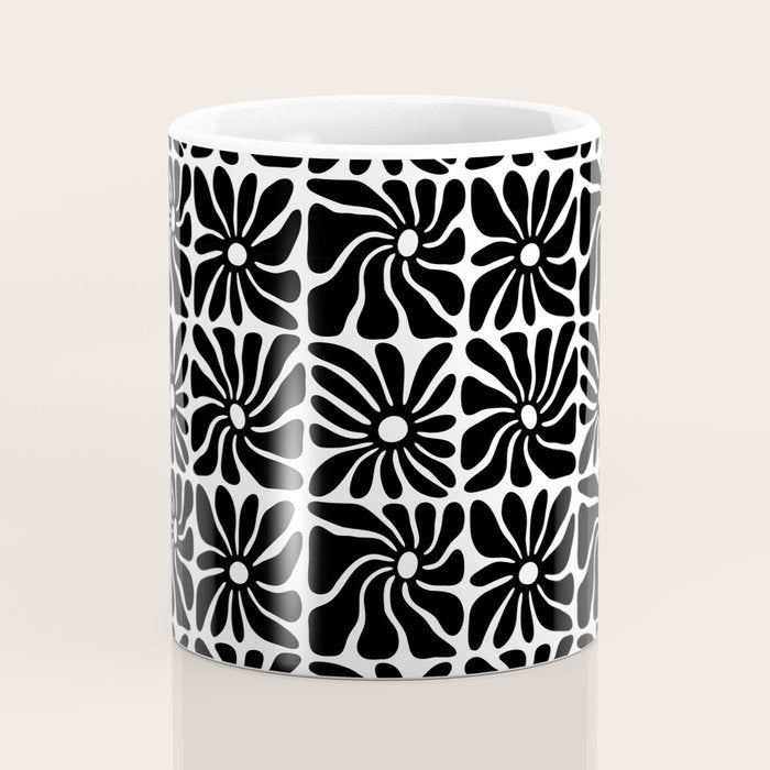 Black and white retro flower art pattern Coffee Mug Gallery Image 4
