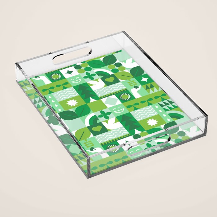 Green eco friendly geometric mosaic art pattern Acrylic Tray Gallery Image 1